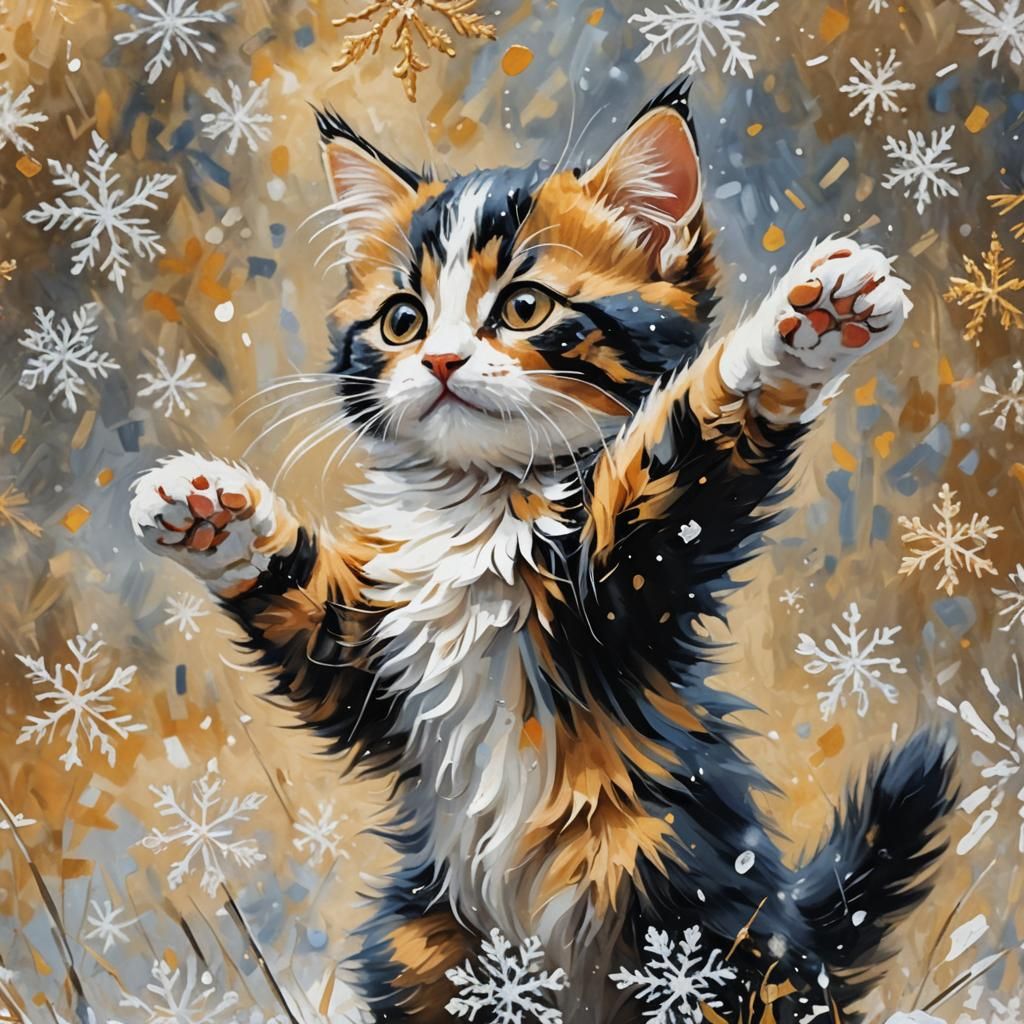 Calico Kitten Reaching for Snowflake as Impasto Painting