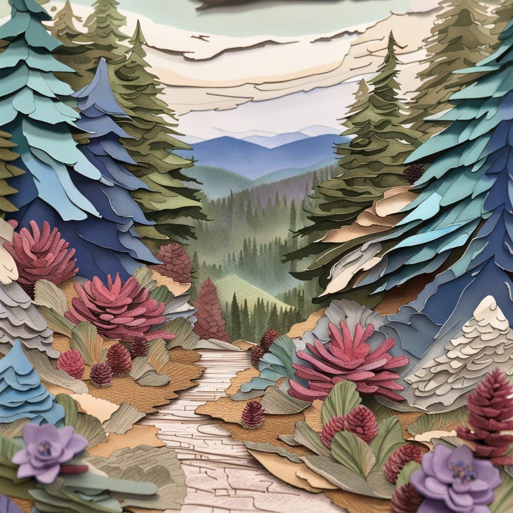 Evergreen Forest Paper Collage in Blue Ridge Mountains
