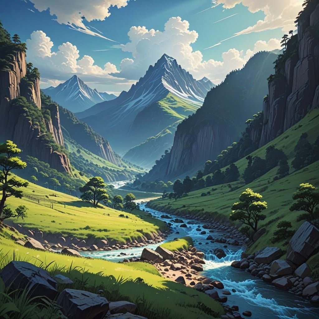 Breathtaking Hills and Mountains Landscape in Anime Style