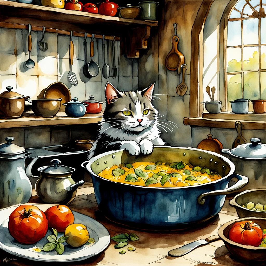 Cat Nap in Kitchen: Watercolor and Ink Style