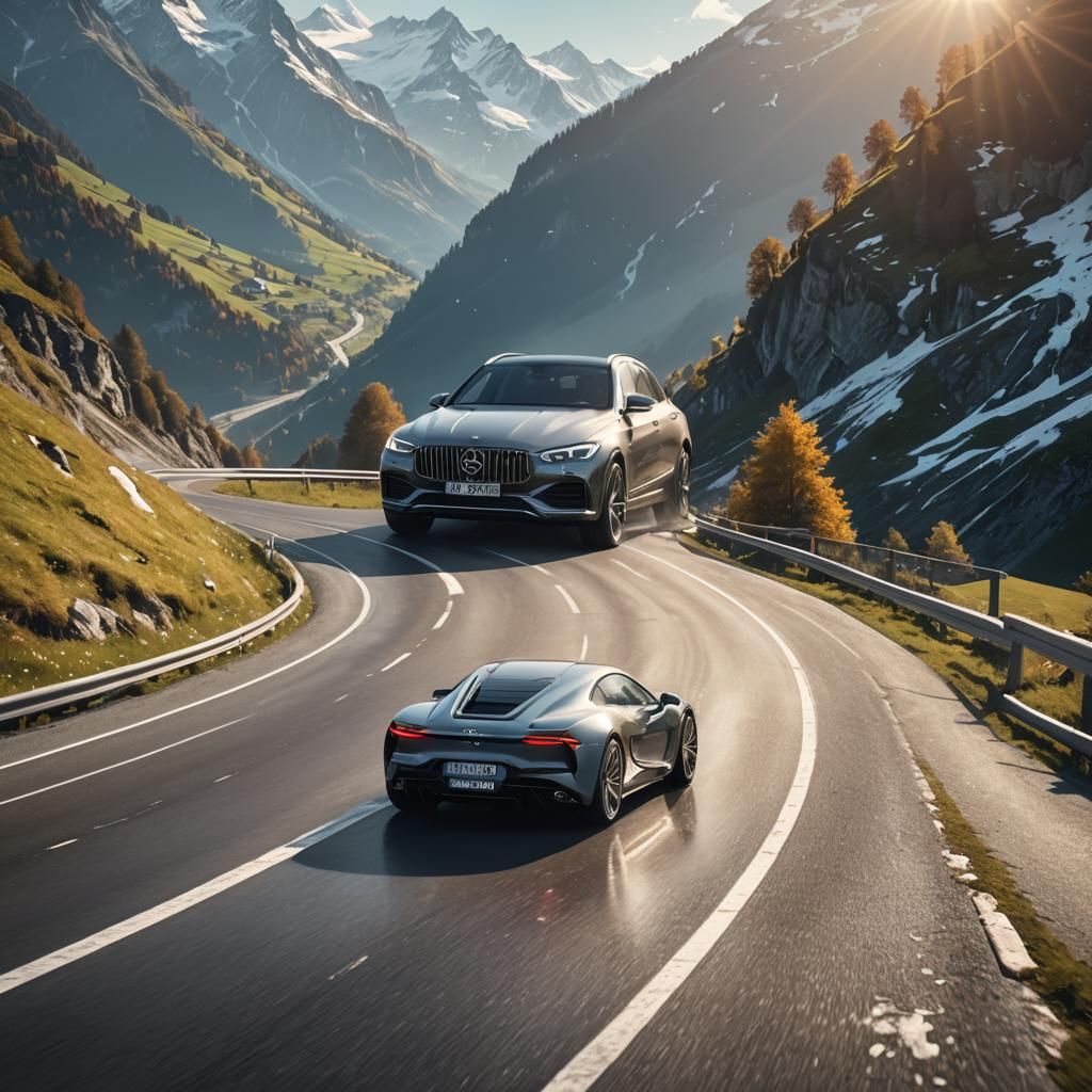 Luxury Car in Swiss Alps: Vibrant Digital Art