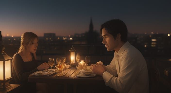 Romantic Rooftop Dinner at Sunset in Cinematic Style