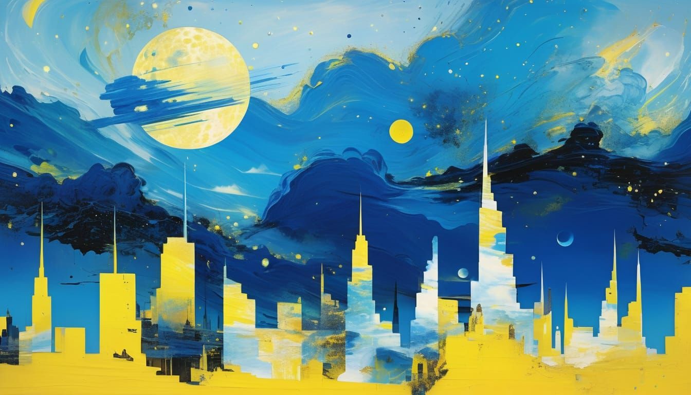 Abstract Alien Skyline in Blue and Yellow Tones