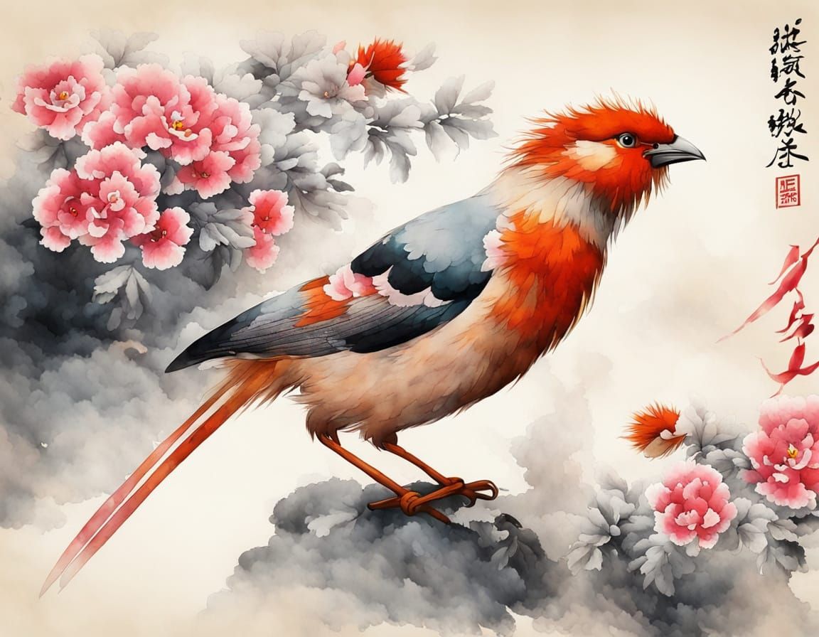 Fluffy Bird in Chinese Painting Style