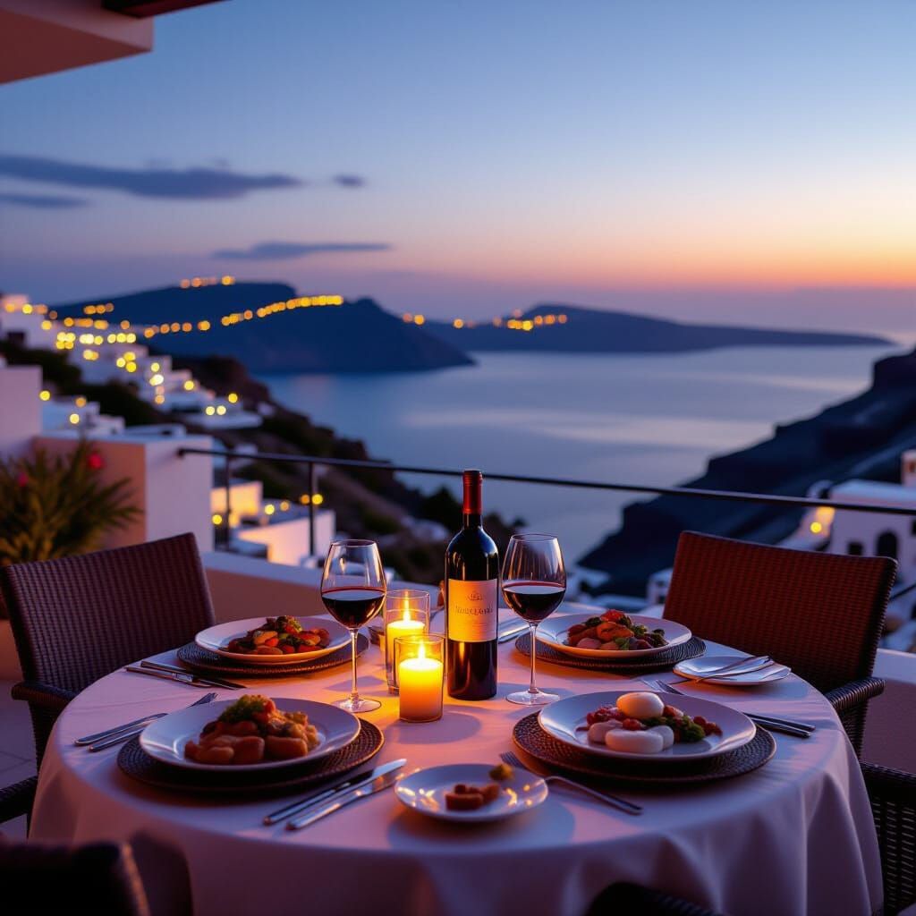 Romantic Balcony Dinner in Firostefani at Twilight