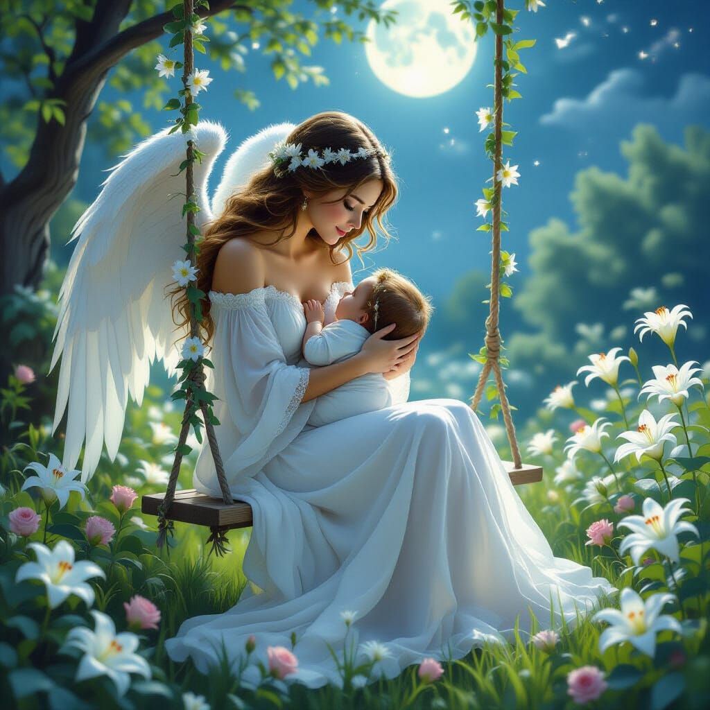 Guardian Angel with Baby in Spring Landscape