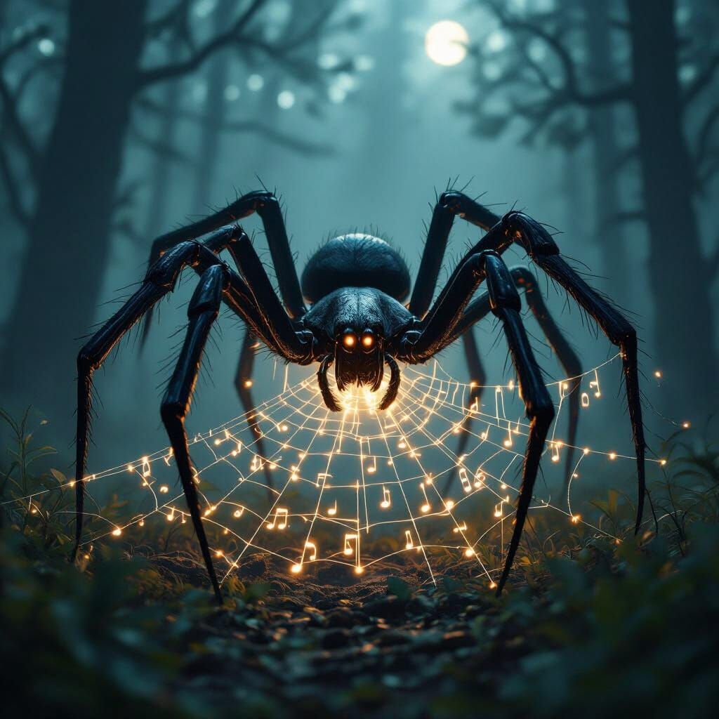 Ancient Spider Weaves Glowing Musical Notes in Misty Forest