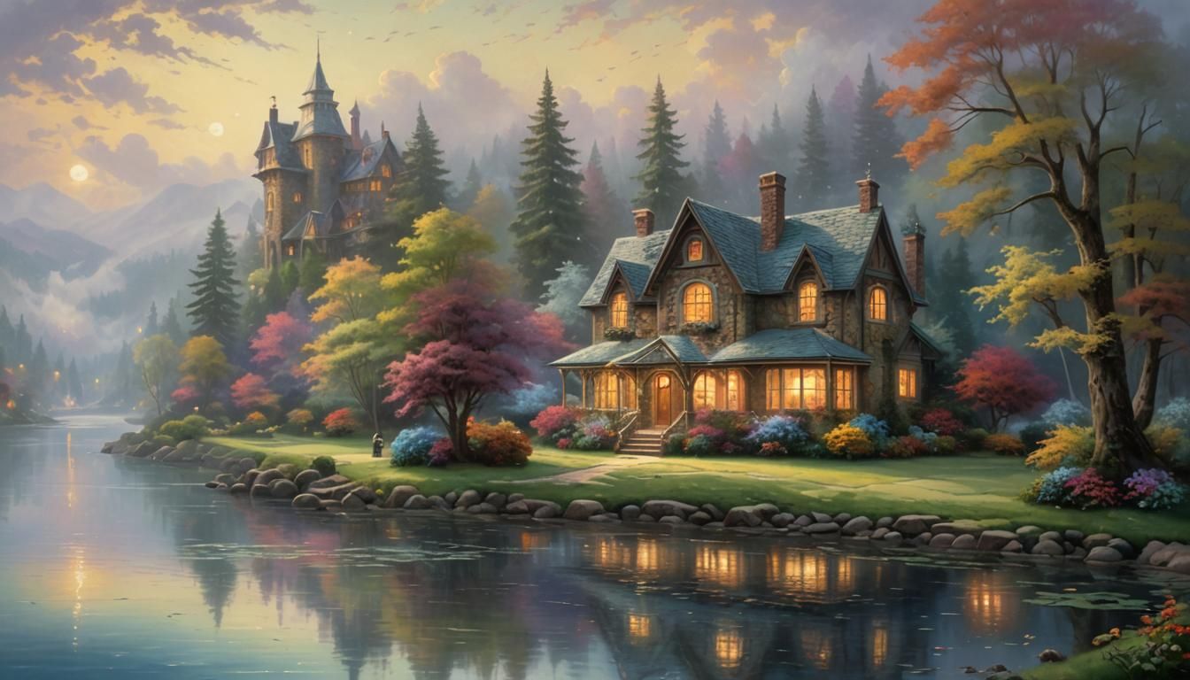 Ethereal Lakeside House in Kinkade Style