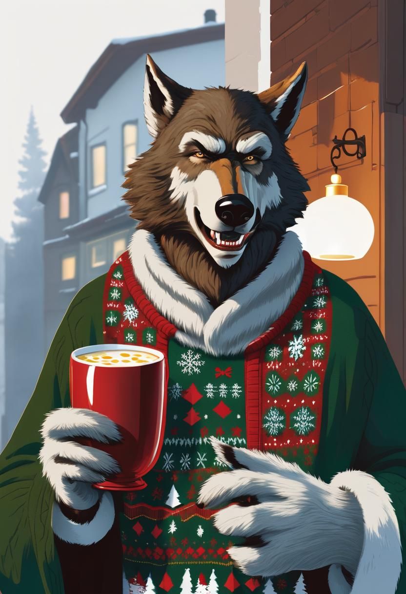Wolfman in Ugly Christmas Sweater Illustration