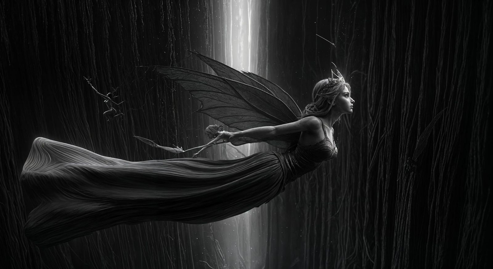 Fairy Queen Soars Over Kingdom in Black and White