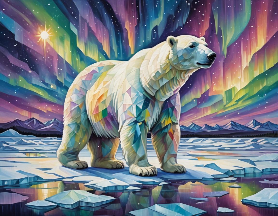 Polar Bear in Cubist Aurora Landscape