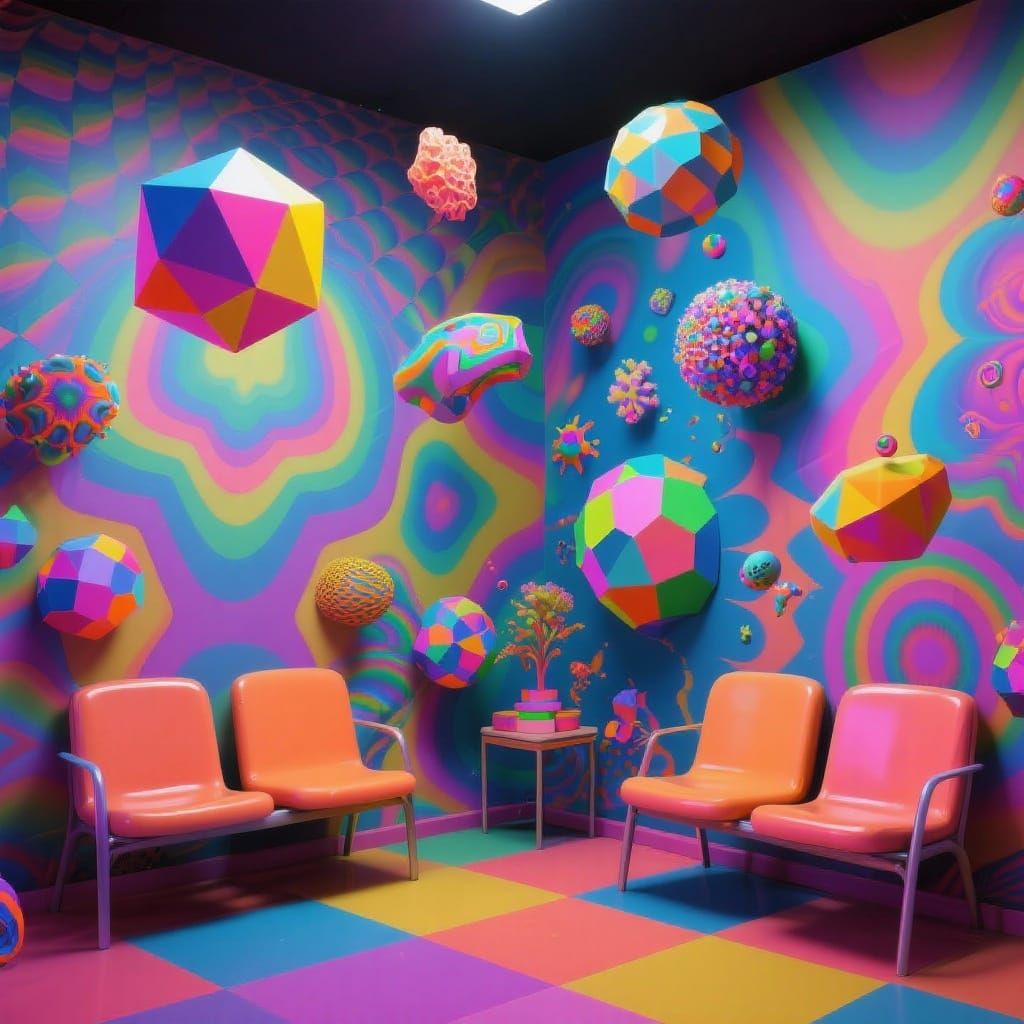 Vibrant Hallucinatory Waiting Room with Geometric Patterns