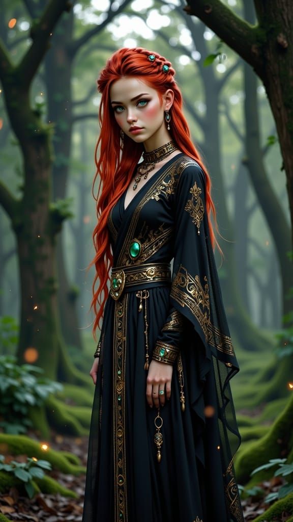 Red-Haired Sorceress in Moonlit Forest
