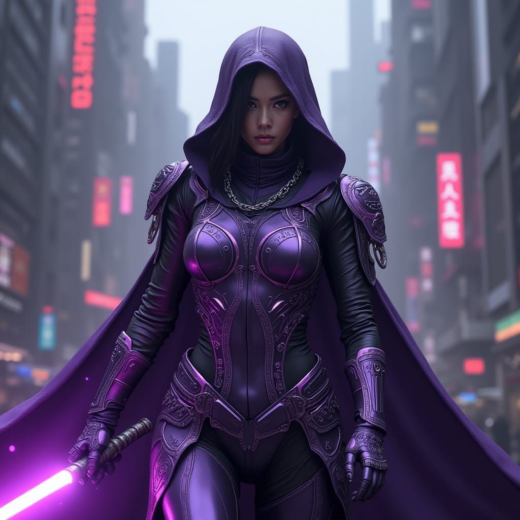 Warrior in Cyberpunk Armor with Fantastical Lightsaber, Set...