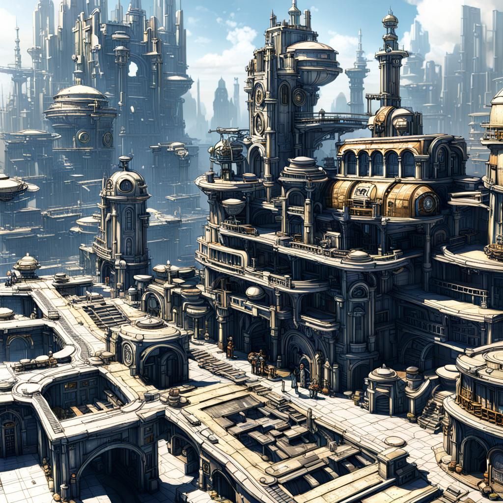 Steampunk Future Metropolis in Copper Atmosphere