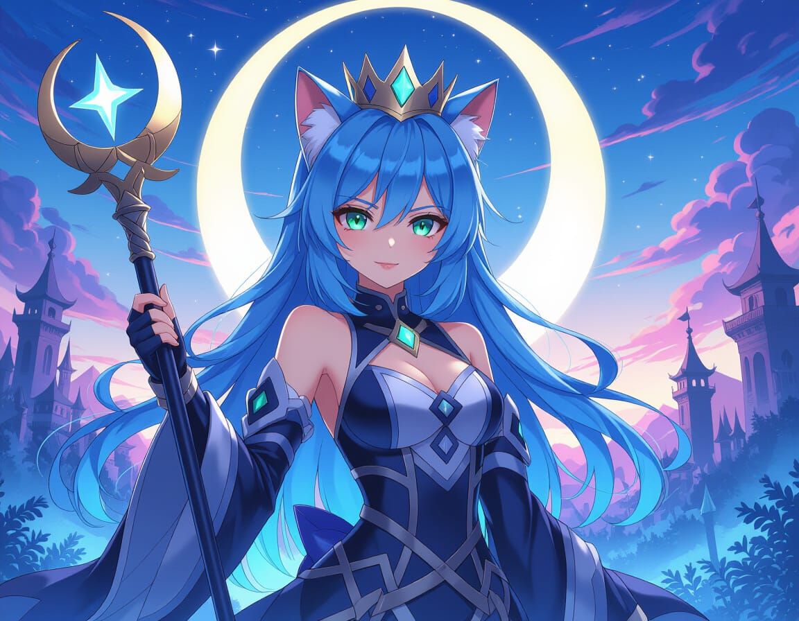 Athletic Cat Girl with Crescent Moon Staff in Fantasy Landsc...