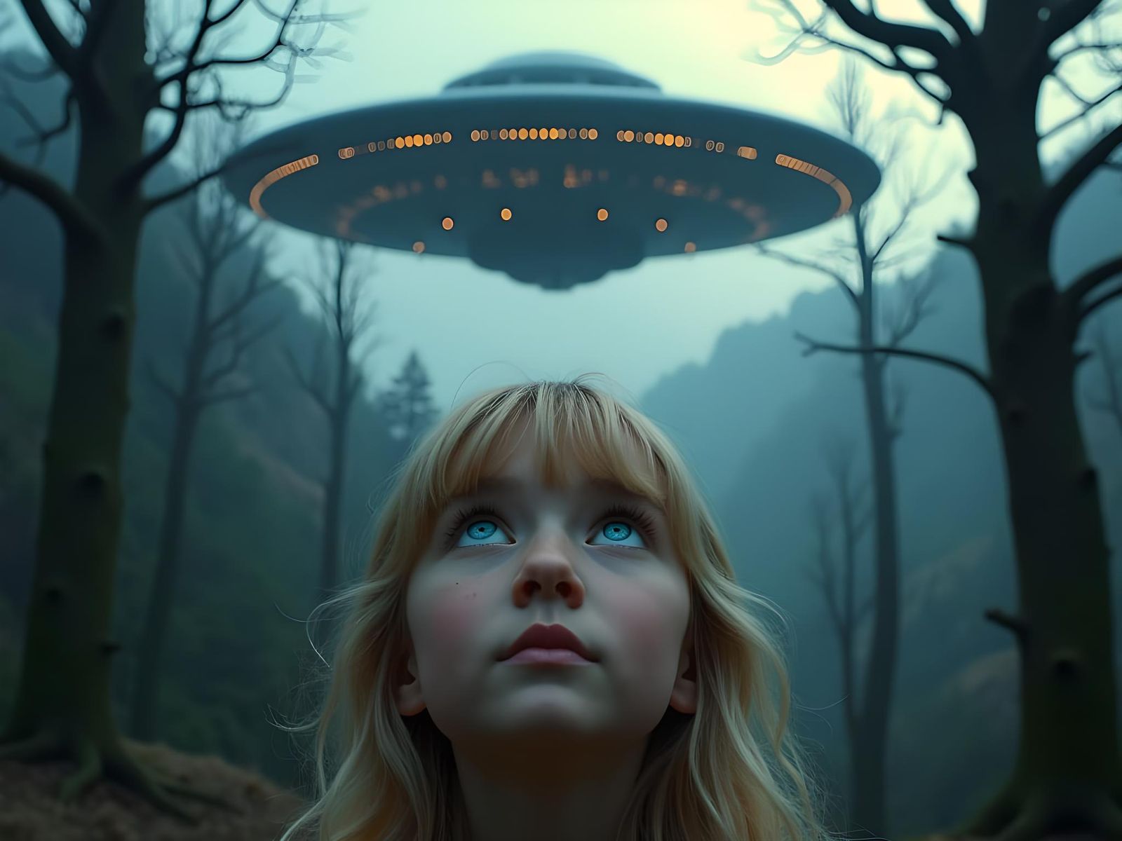 Girl Gazing at UFO in Gloomy Wilderness