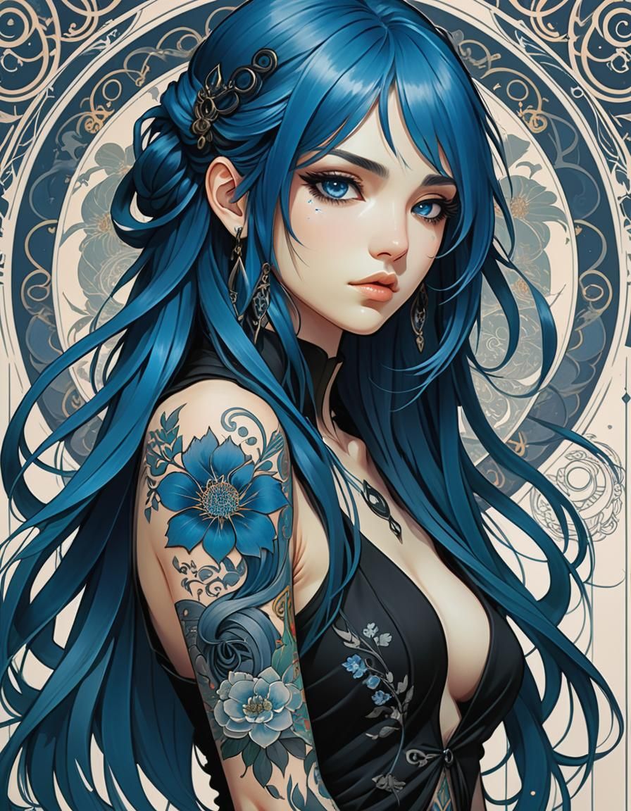 Ethereal Blue-Haired Woman: Anime-Style Digital Portrait