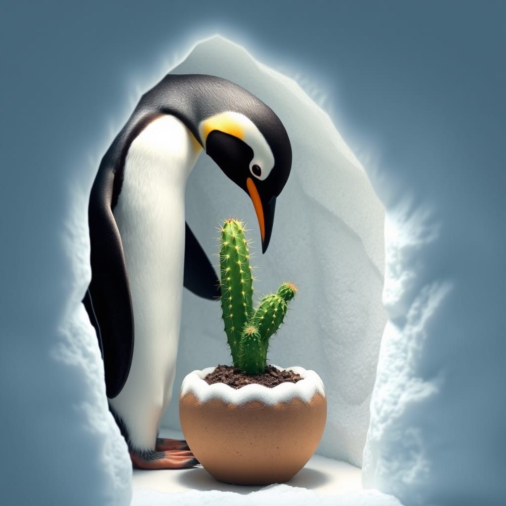 A penguin carefully tending a cactus houseplant inside an ig...