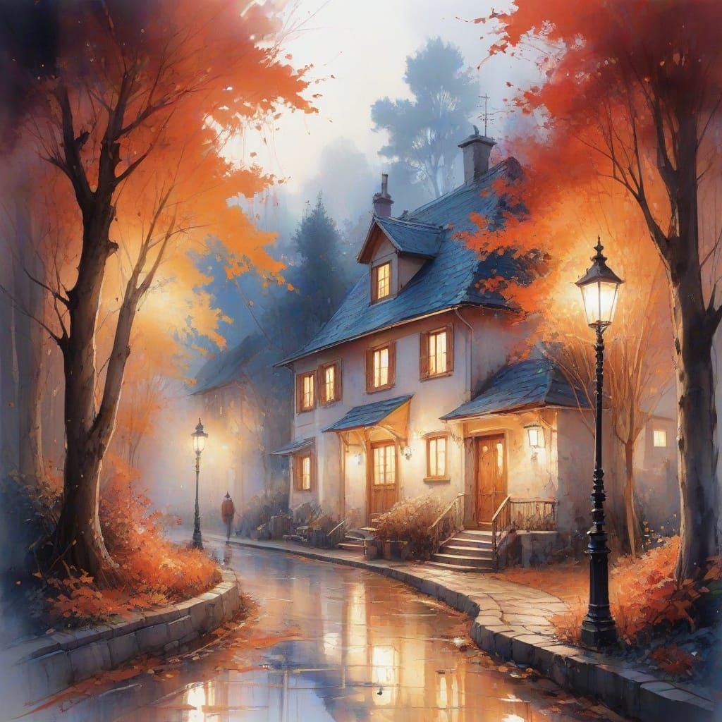 Autumnal Village Scene in Expressive Watercolour Style