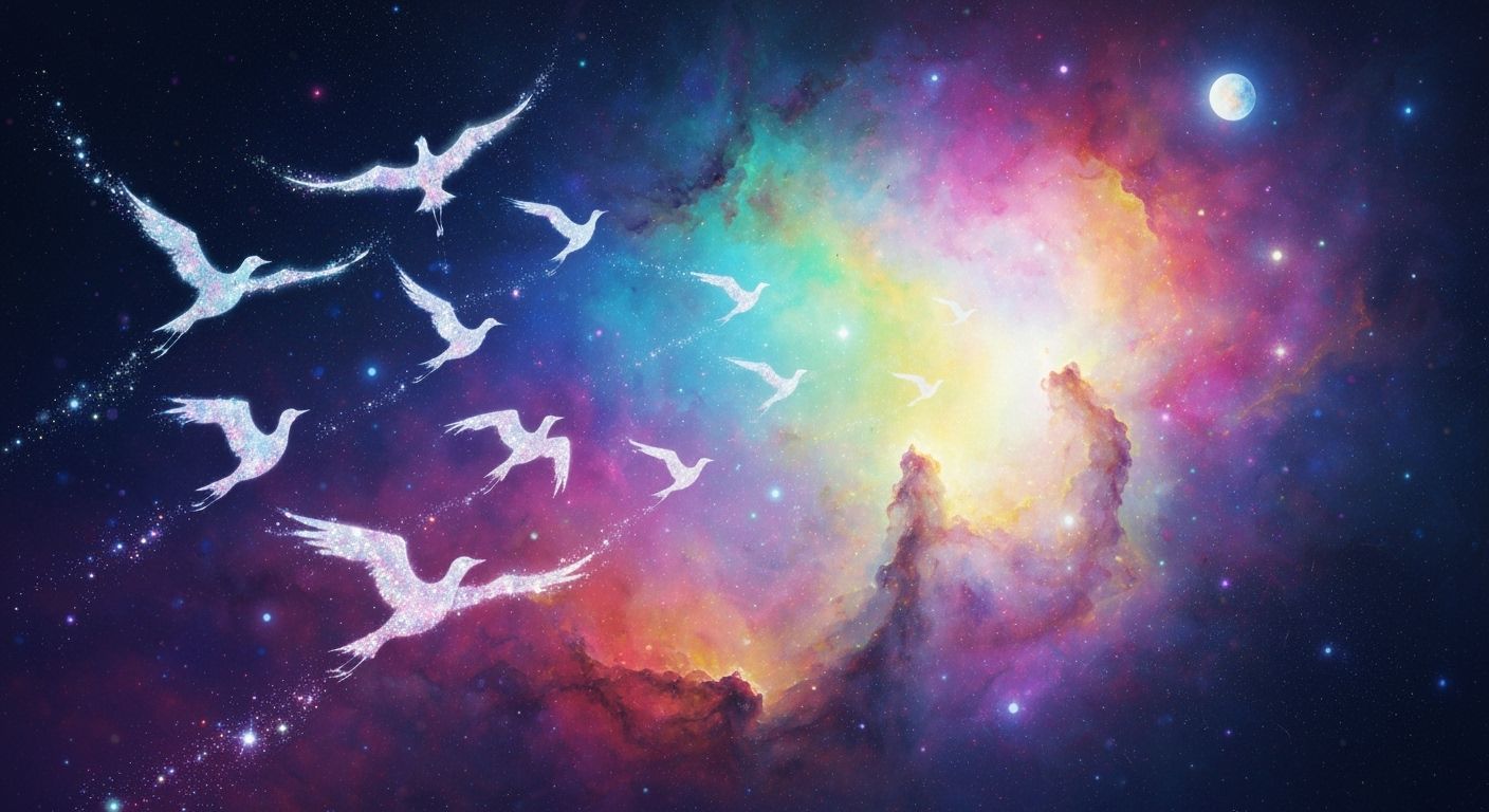 Cosmic Birds Soaring Through Nebula in Celestial Fantasy Art