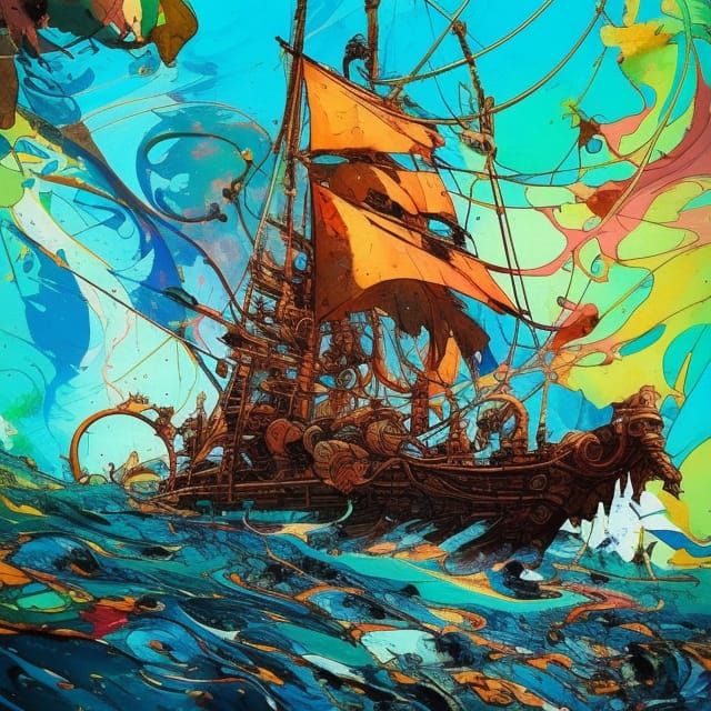 Pirate Ship in Gouache with Oil Stains