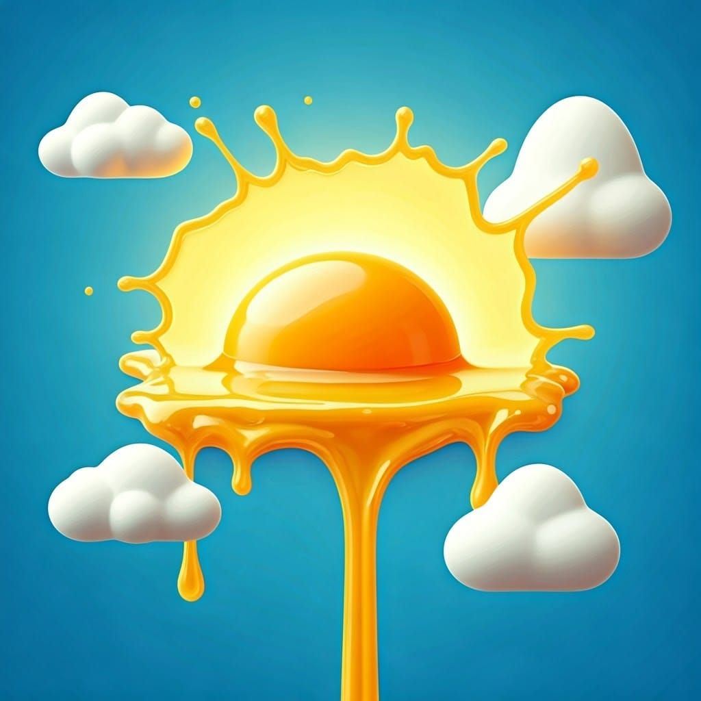 Surreal Sunlit Scene with Golden Egg Yolk and Soft Clouds