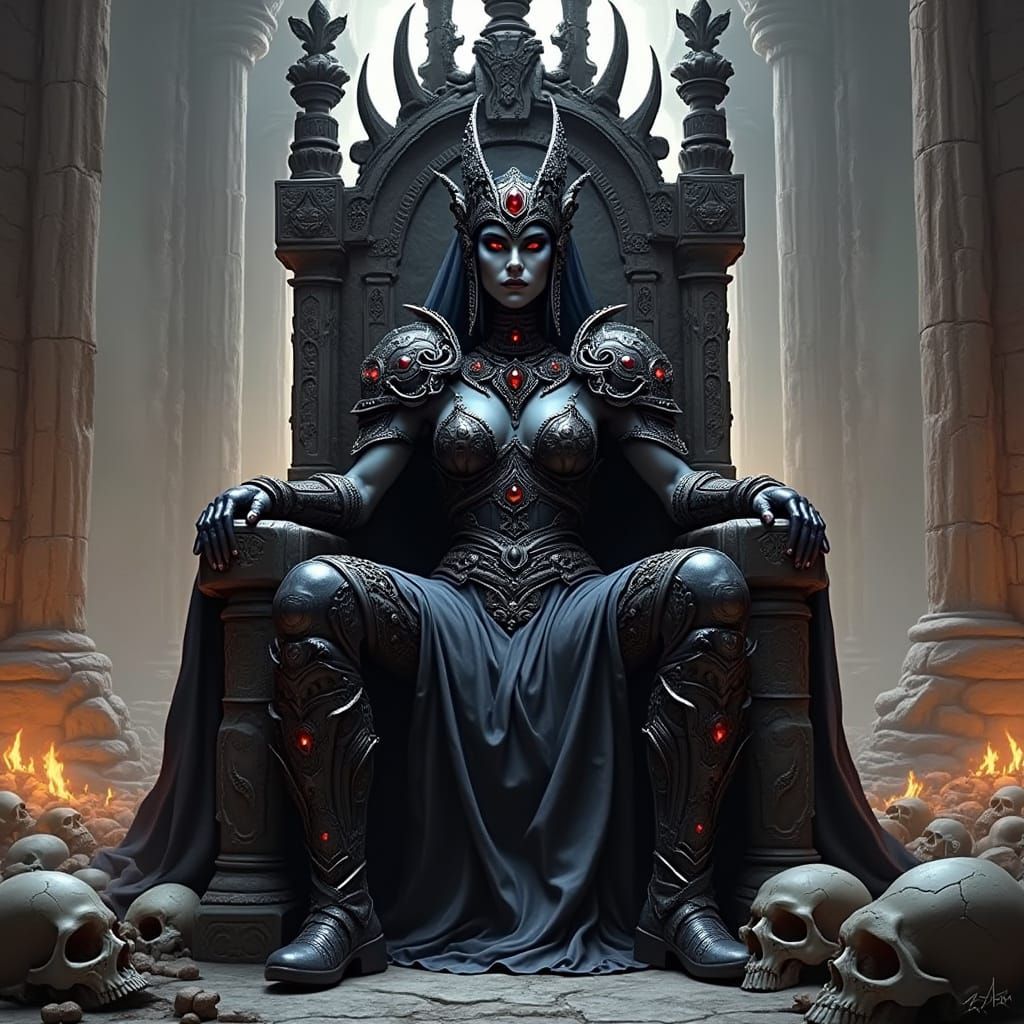Drow Warrior Queen on Skull Throne in Dark Fantasy Style