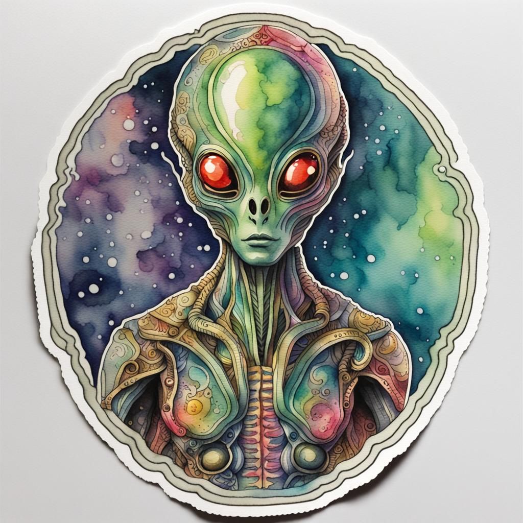 Vintage Watercolor Alien Sticker with Vivid Colors