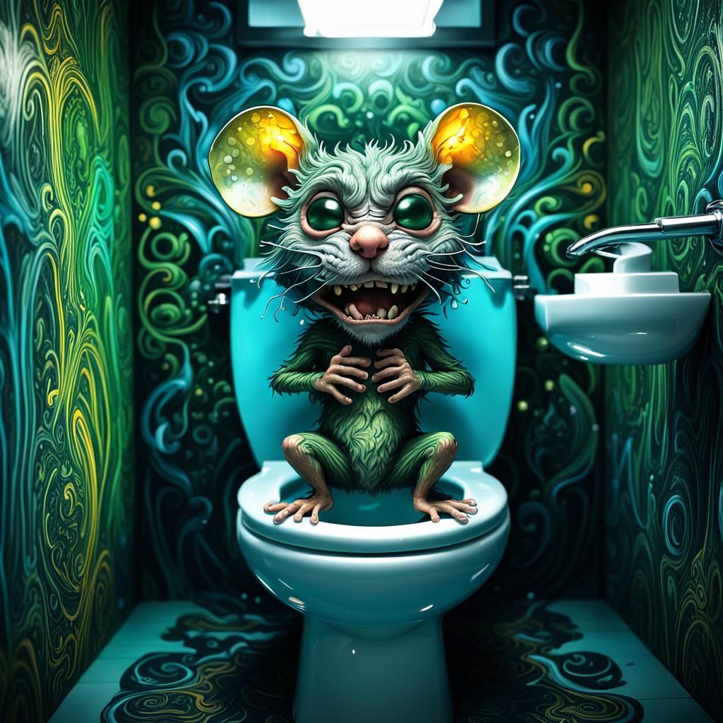 Angry Chibi Mouse on Toilet in Psychedelic Art