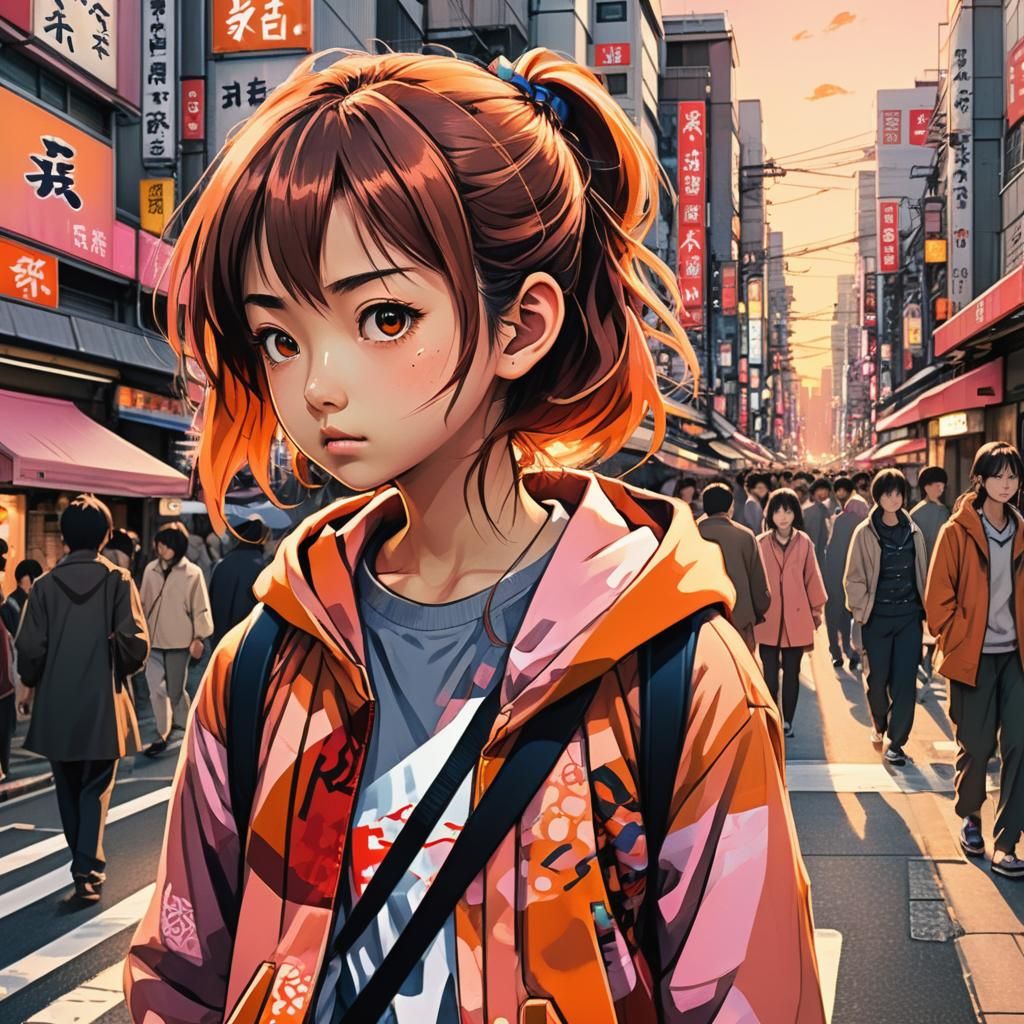 Manga Girl in Tokyo Street at Sunset