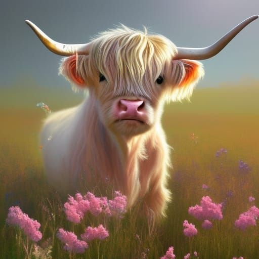 Pastel Highland Cow in Flower Meadow