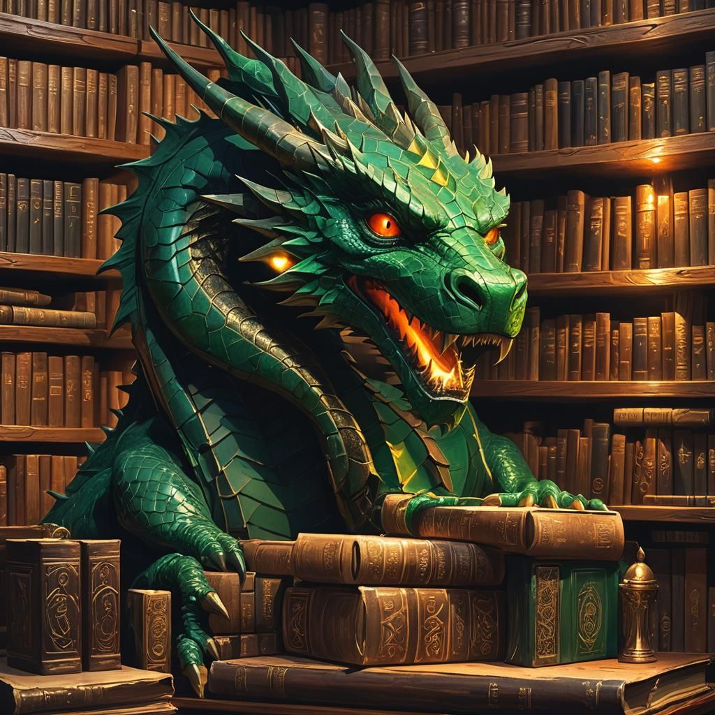 Emerald Dragon Eye Peeking Through Bookshelf