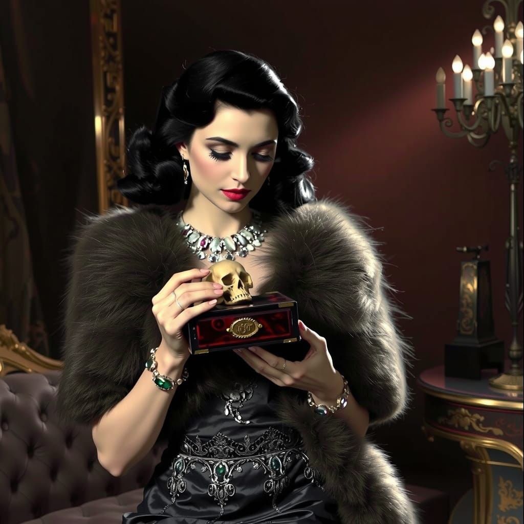 Golden Age Hollywood Actress Posing with Skull in Opulent Se...