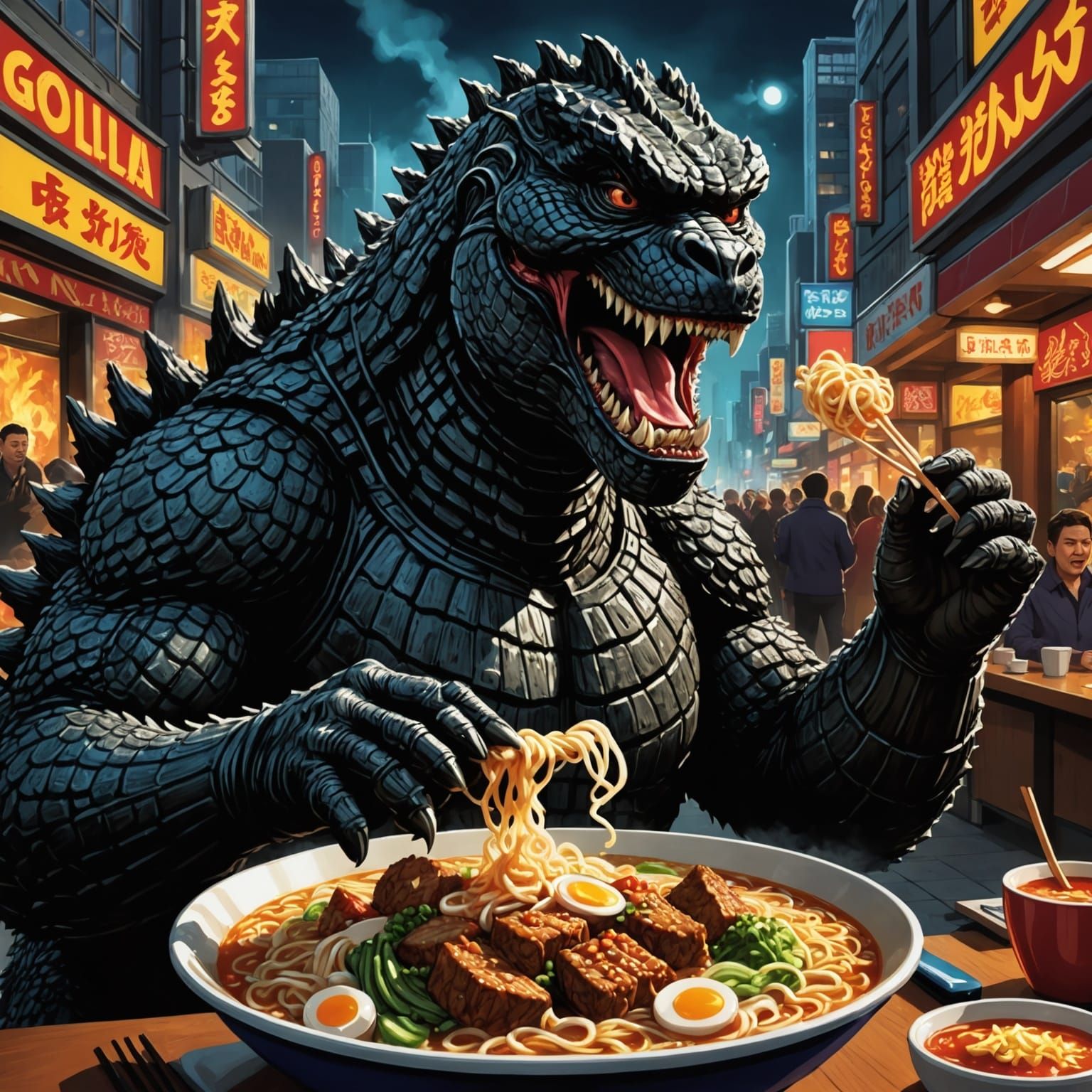 Giant Monster Enjoys Ramen Amidst Surreal Scenes