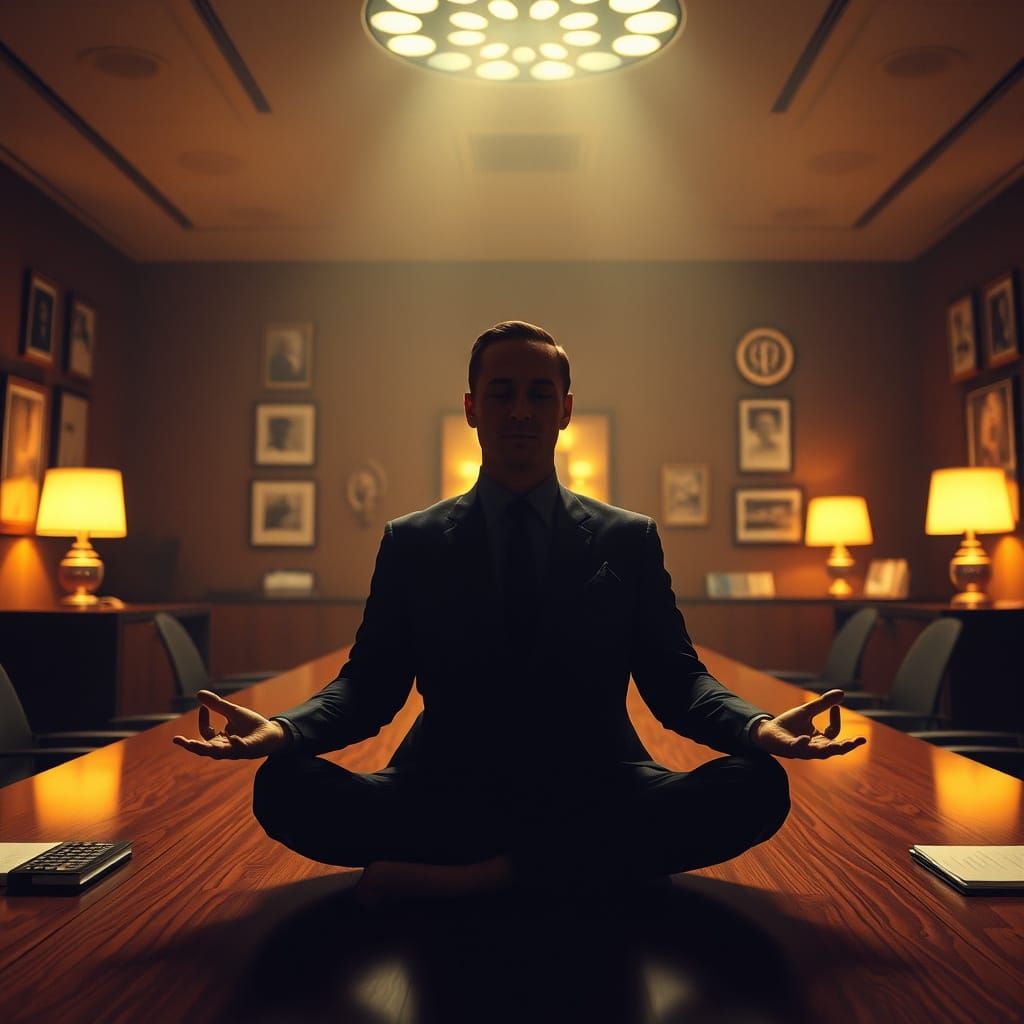 Meditating Executive in Glowing Boardroom: Cinematic Style