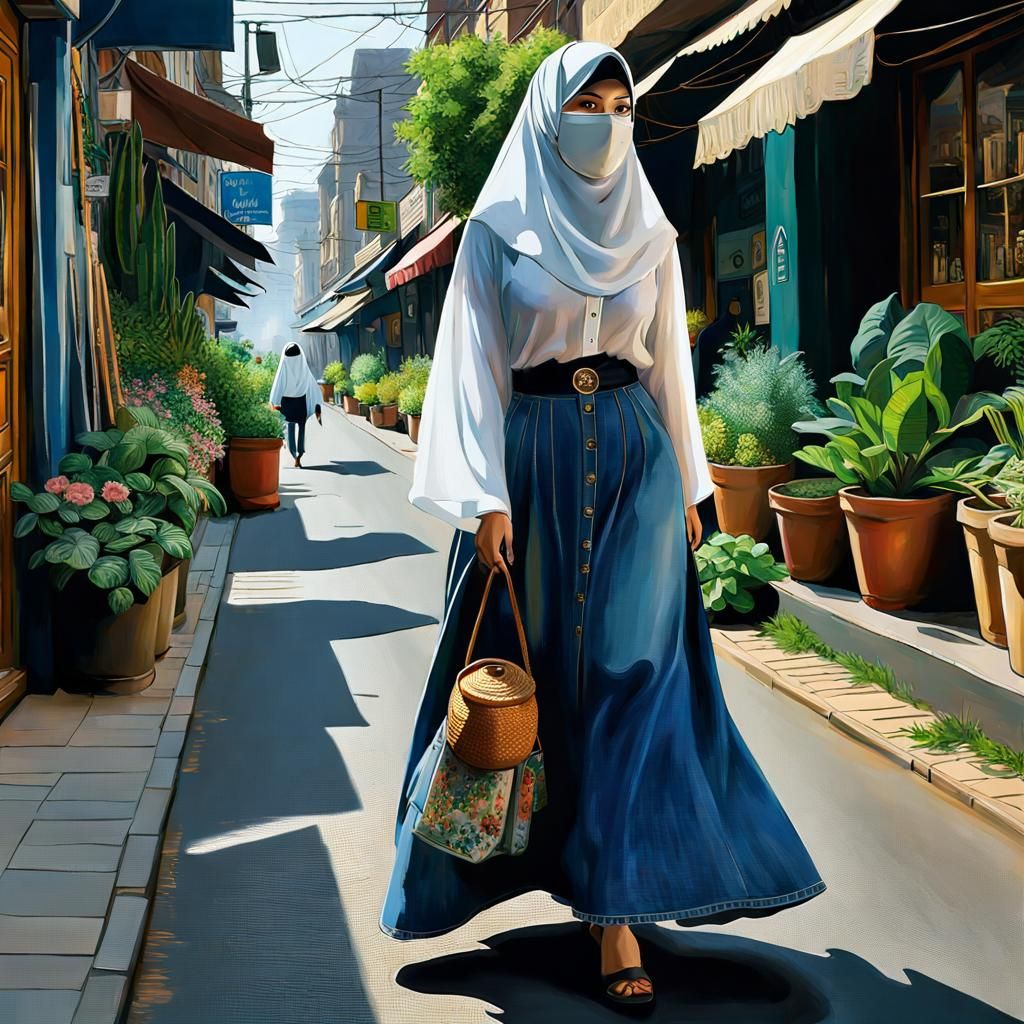 Niqabi Student in Lush City, Detailed Oil Painting