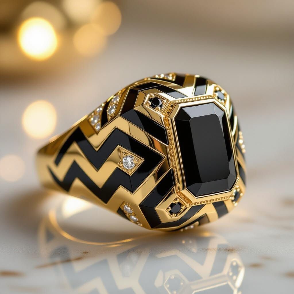 Art Deco Ring: Black Onyx and Gold Zigzag Macro Photo