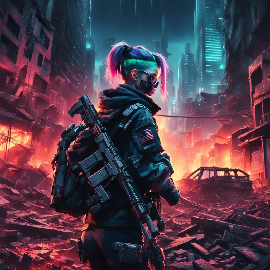 Cybergoth Girl in Neon-Lit Urban Warfare