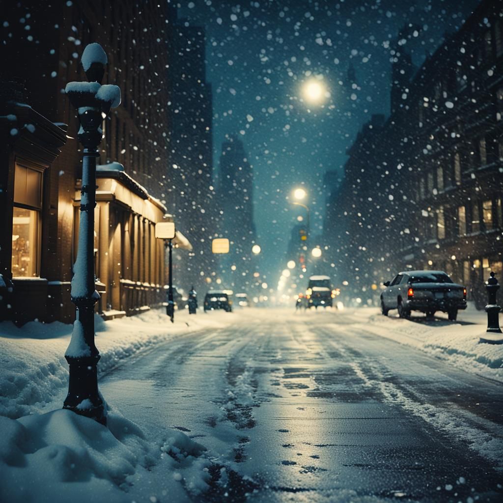 Snowy New York City Street at Night