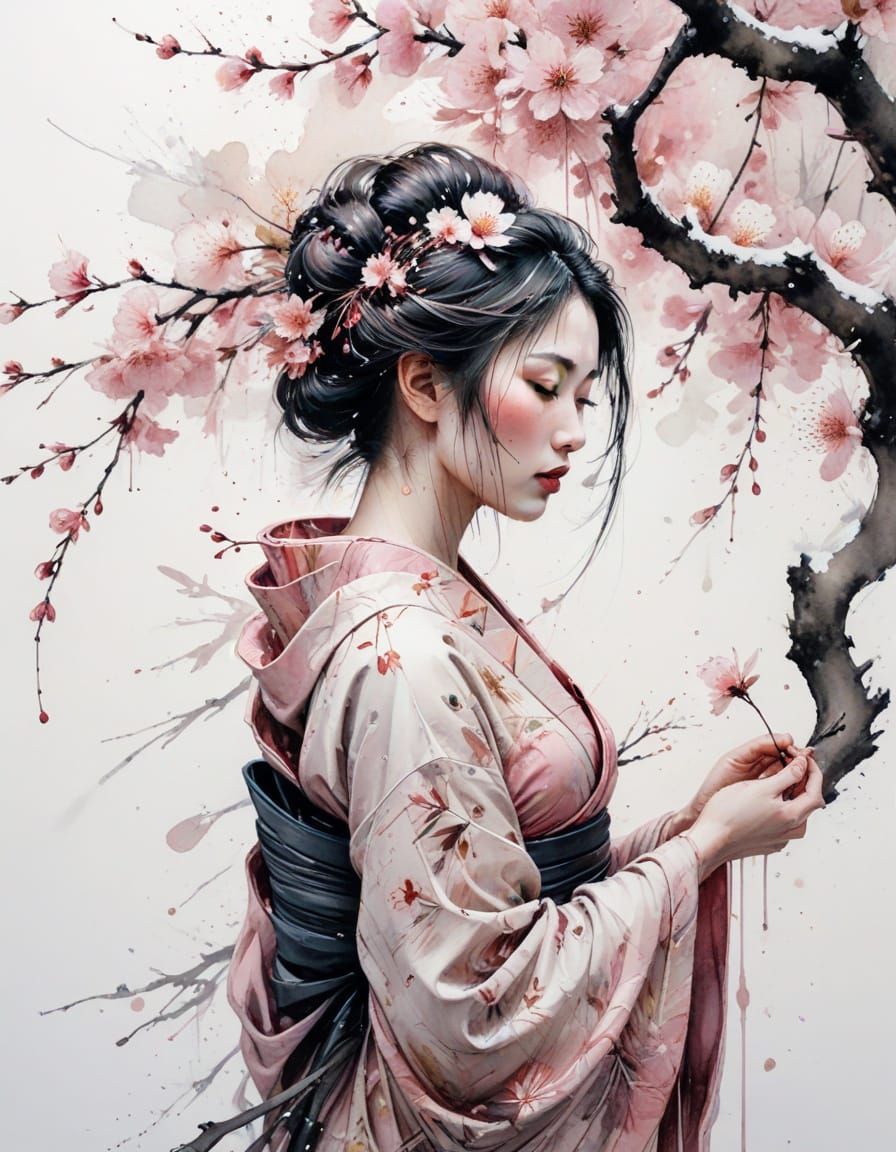 Geisha Under Cherry Blossoms: Ink Wash & Graphic Novel Style