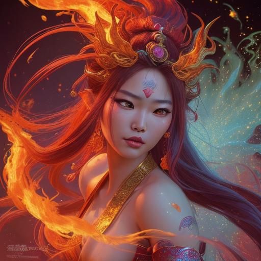 Asian Fire Goddess in Flames: Hyperrealistic Art