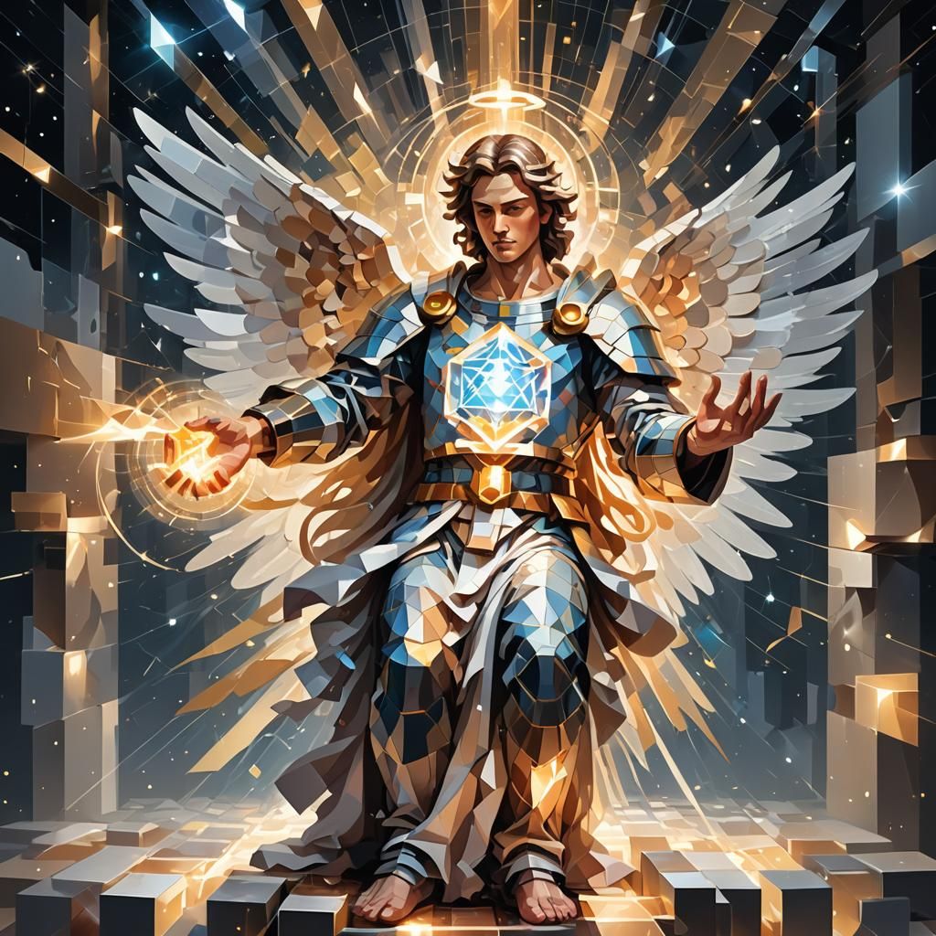 Angel Metatron Creating Glowing Cube: Cubism Pixel Art