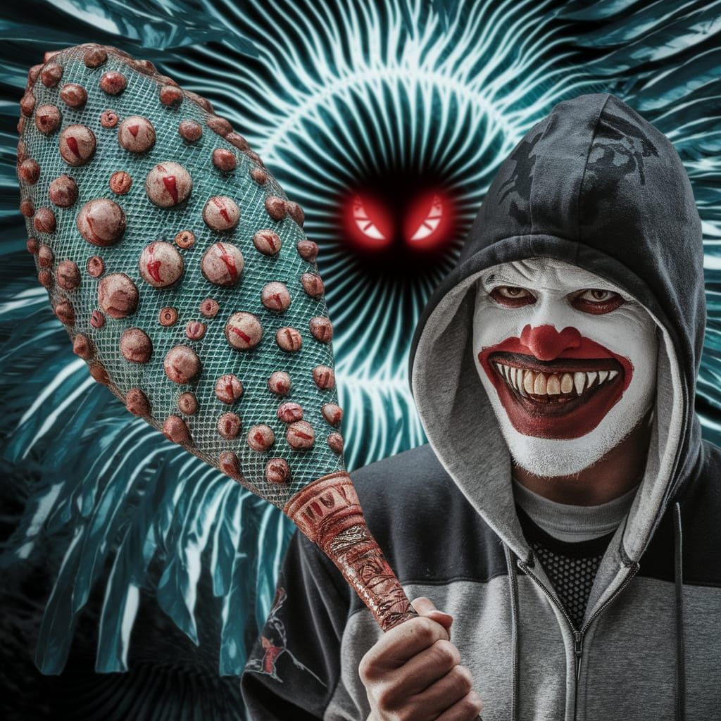 Clown Warrior Wielding Spiked Aztec Club in Jungle Night