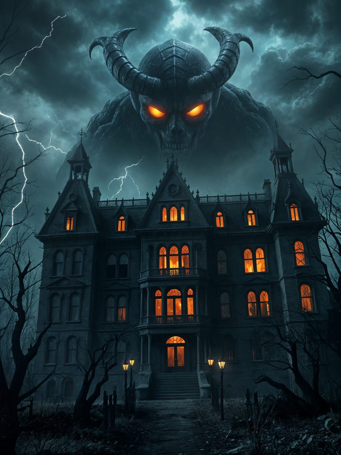 Menacing Entity Overlooks Haunted Mansion, Digital Horror Il...