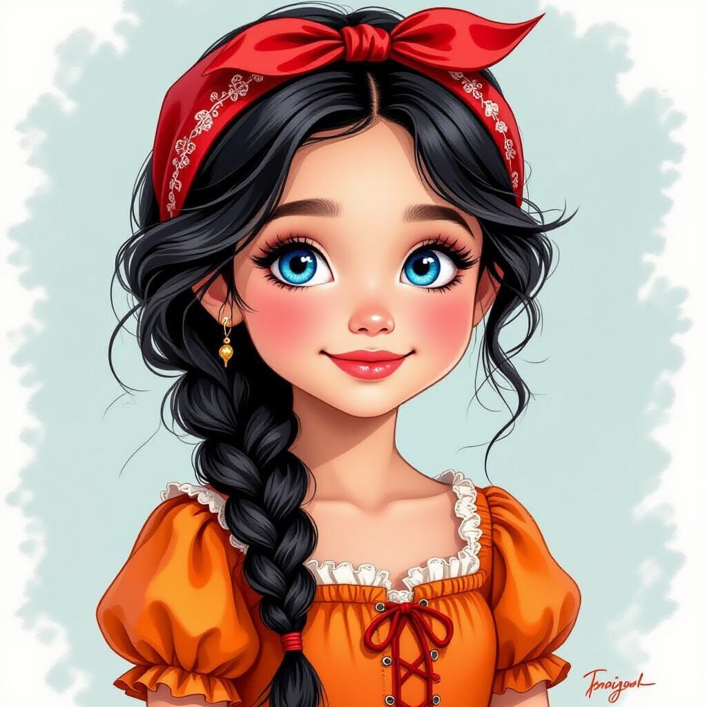 Girl with Braid and Red Headscarf, Cartoon Style