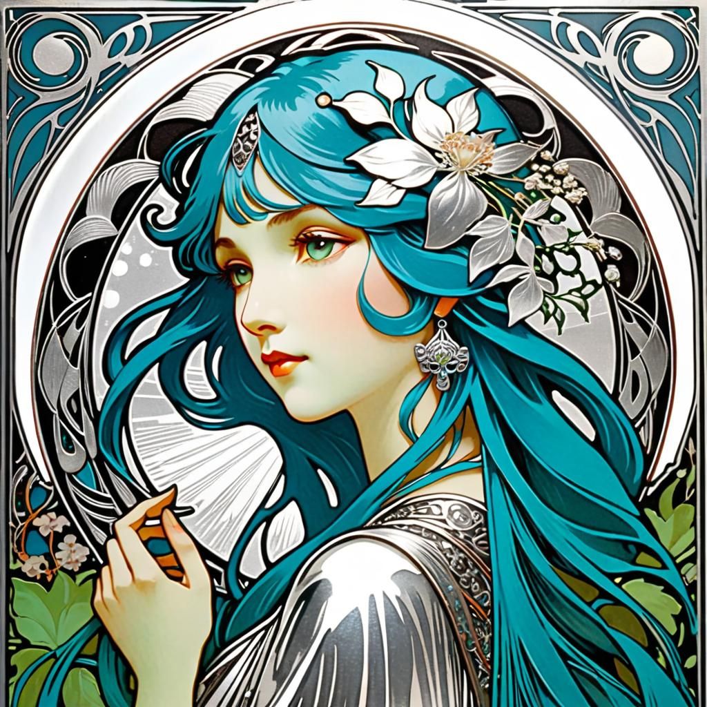 Art Nouveau Floral Print with Silver Foil