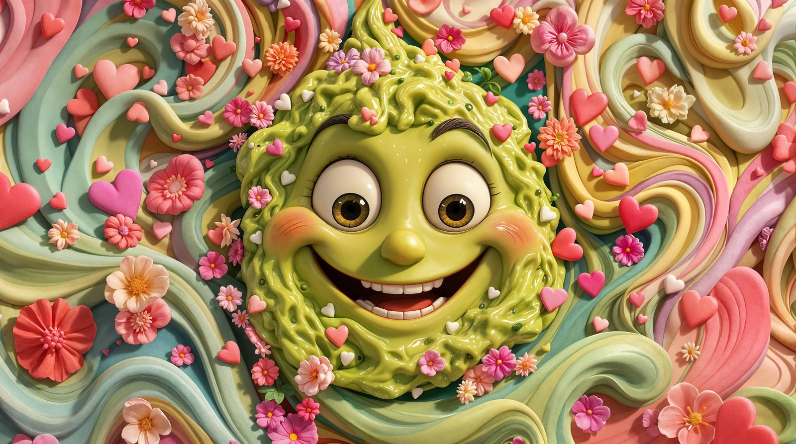Surreal CGI Gaucamole Smiles Among Hearts and Flowers