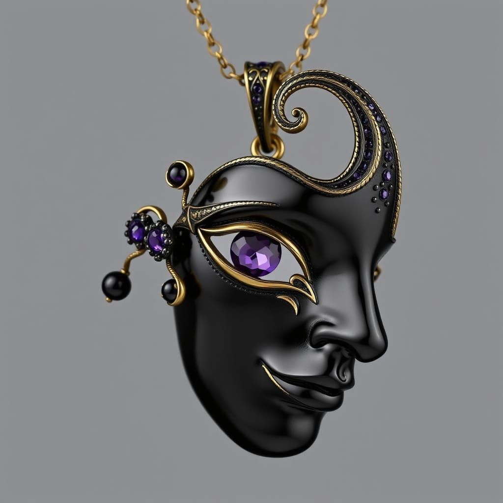 Baroque Half-Mask Pendant with Sapphires and Amethyst Eye