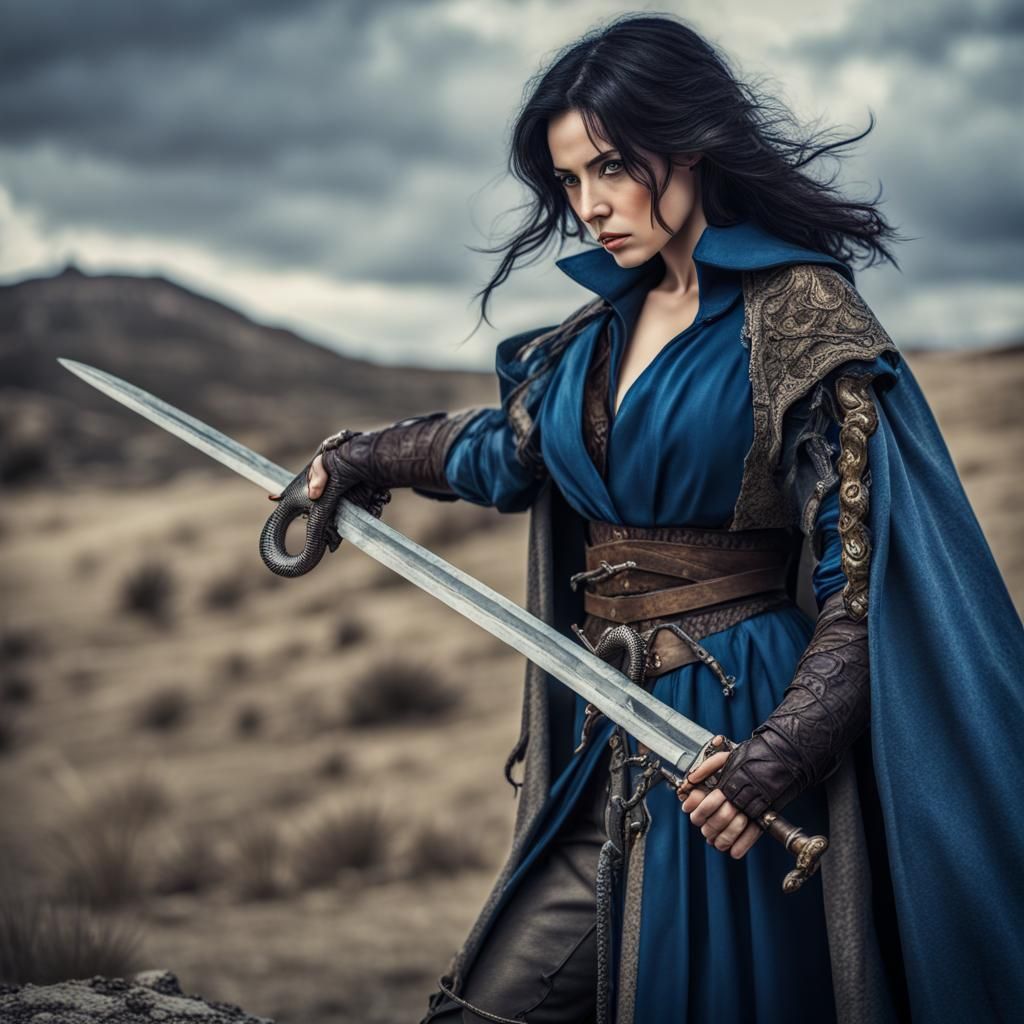 Medieval Lady with Sword: Hyperrealistic Detailed Portrait